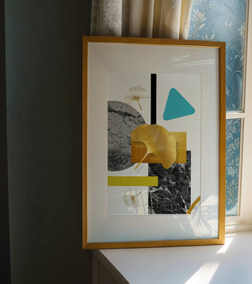 Geometric Abstract Composition with Gold Ginkgo Leaves