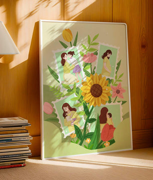 Ilustración de momentos familiares con fondo floral vibrante