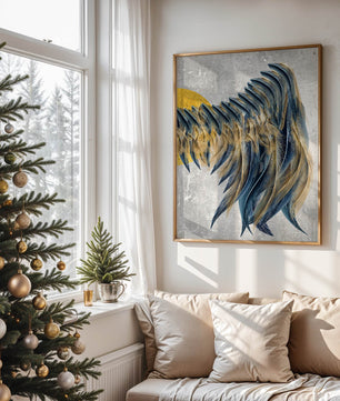 Abstract Composition with Blue and Gold Accents on Textured Background