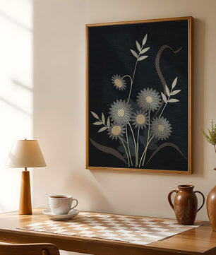 Abstract floral design with intricate patterns on dark background
