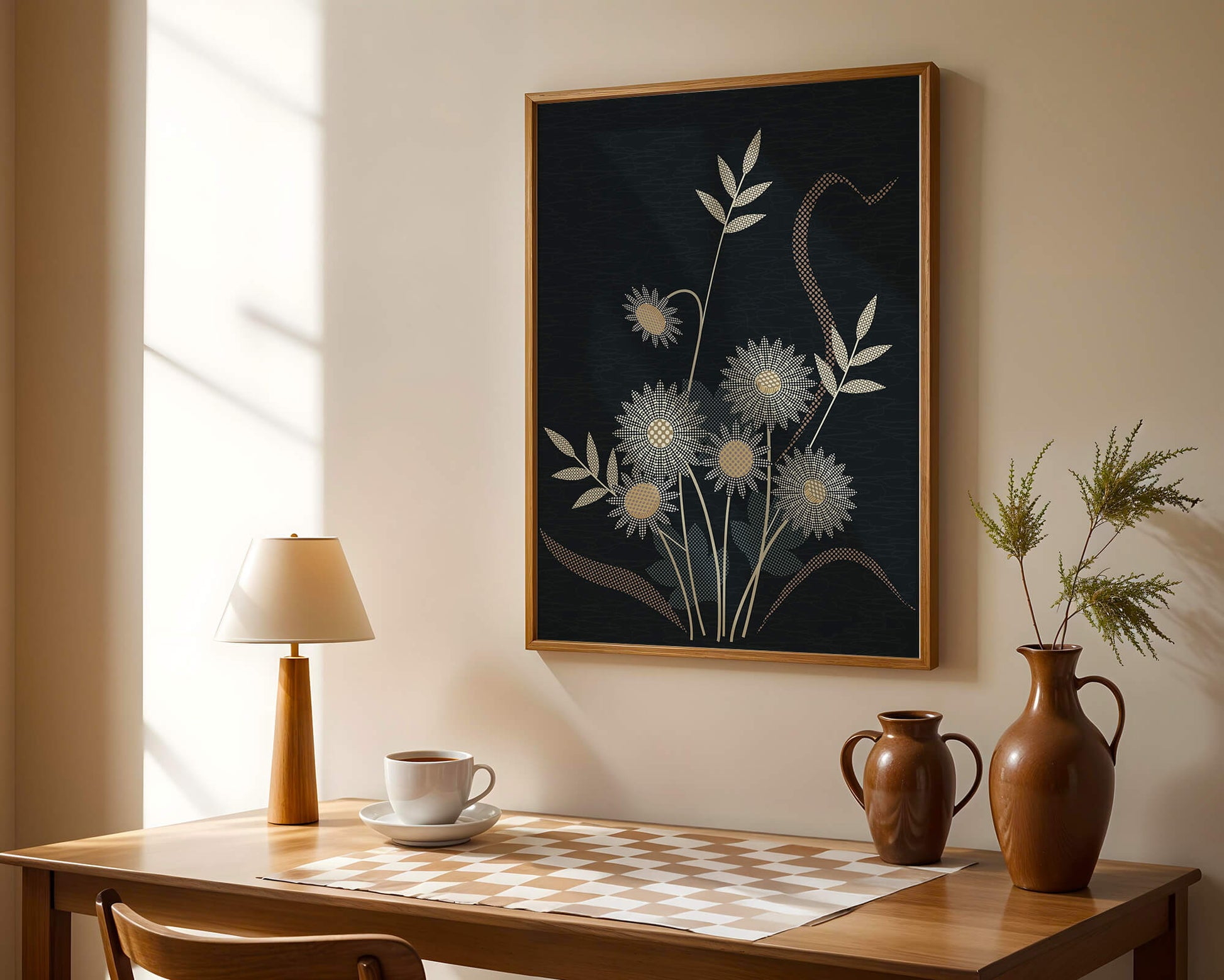 Abstract floral design with intricate patterns on dark background