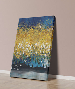 Vibrant Forest Landscape with Birds and Golden Leaves