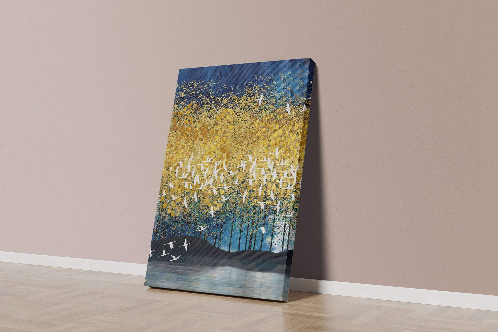 Vibrant Forest Landscape with Birds and Golden Leaves