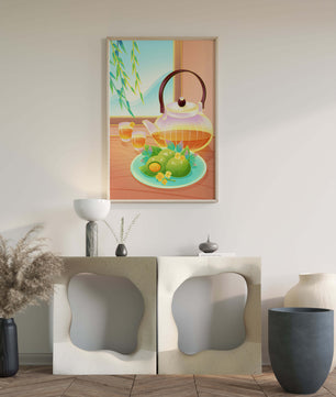 Tea set with green treats and bamboo leaves in serene setting