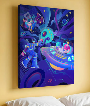 Futuristic Space Adventure Illustration with Robots and Technology