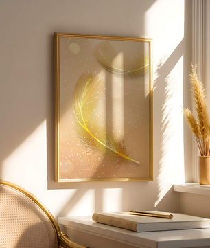 Elegant golden feathers with sparkling particles on soft background