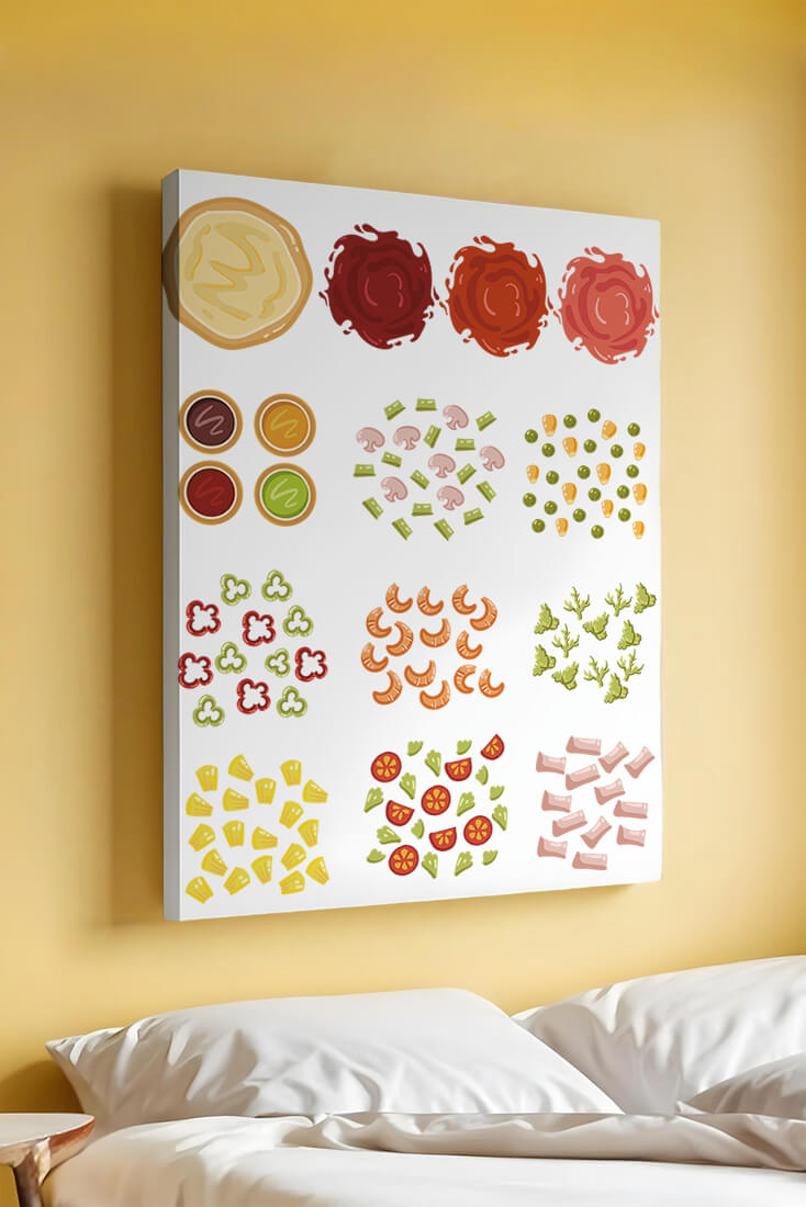 Illustration of various pizza ingredients and toppings