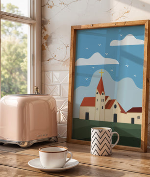 Idyllic Church Landscape with Golden Cross and Blue Sky