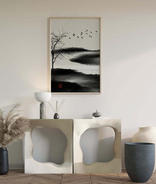 Minimalist Landscape with Silhouetted Tree and Birds