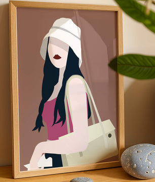 Ilustración elegante de una mujer con sombrero de cubo y ropa casual