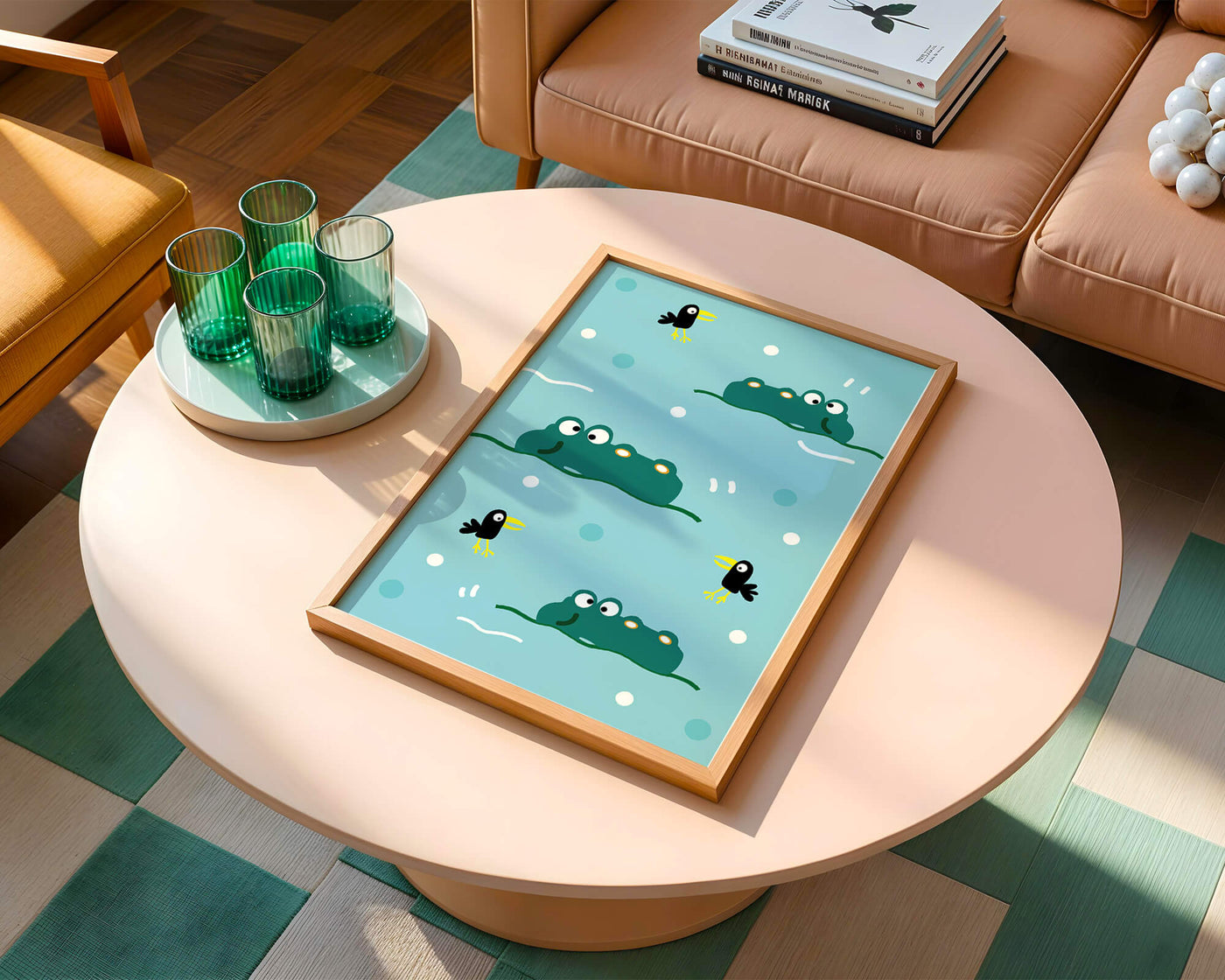 Playful cartoon crocodiles and birds on blue patterned background