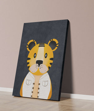Illustration of cute cartoon tiger character in stylish outfit on dark background