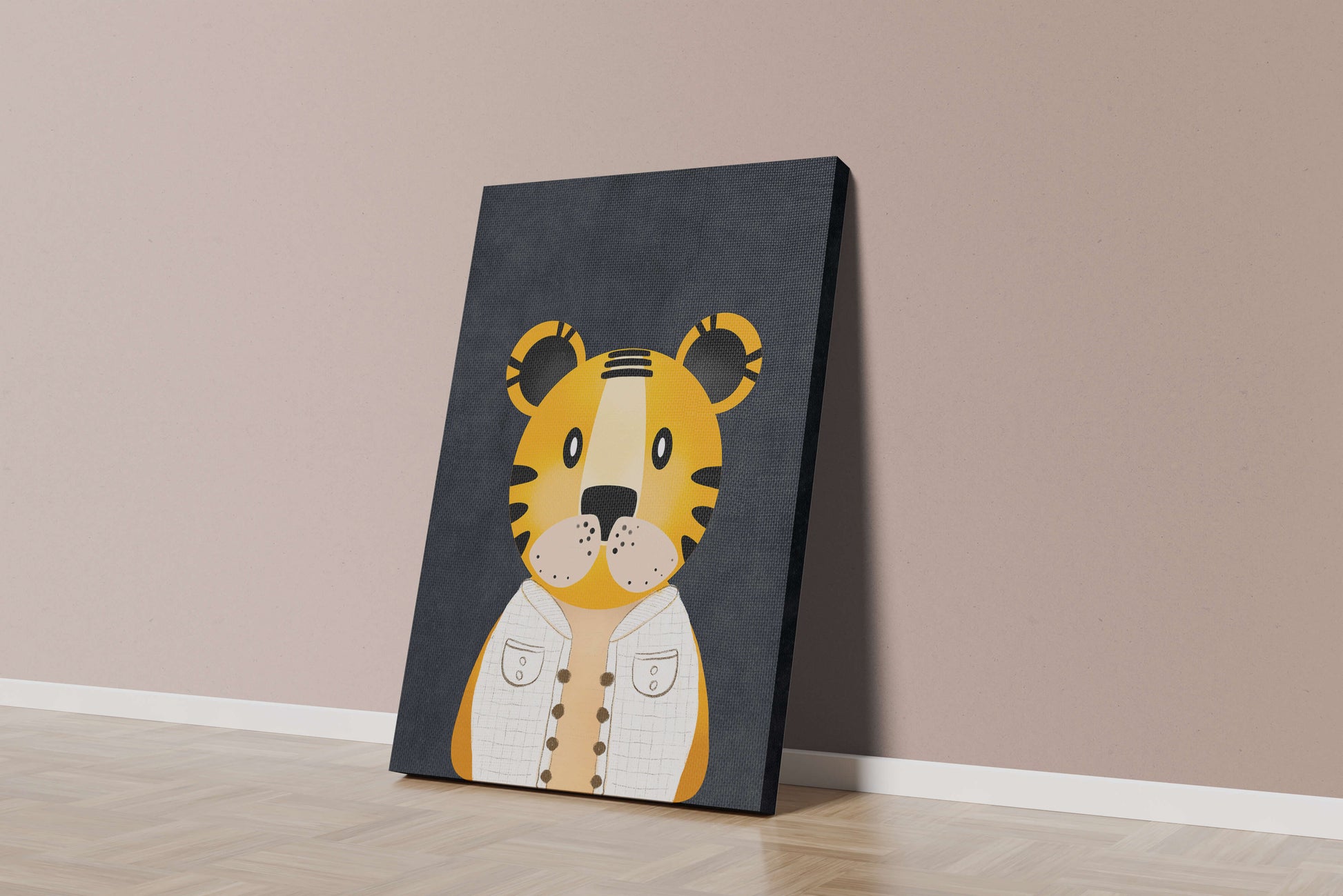 Illustration of cute cartoon tiger character in stylish outfit on dark background