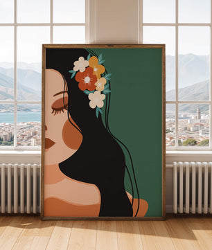 Elegante Illustration einer Frau mit floralem Haarteil