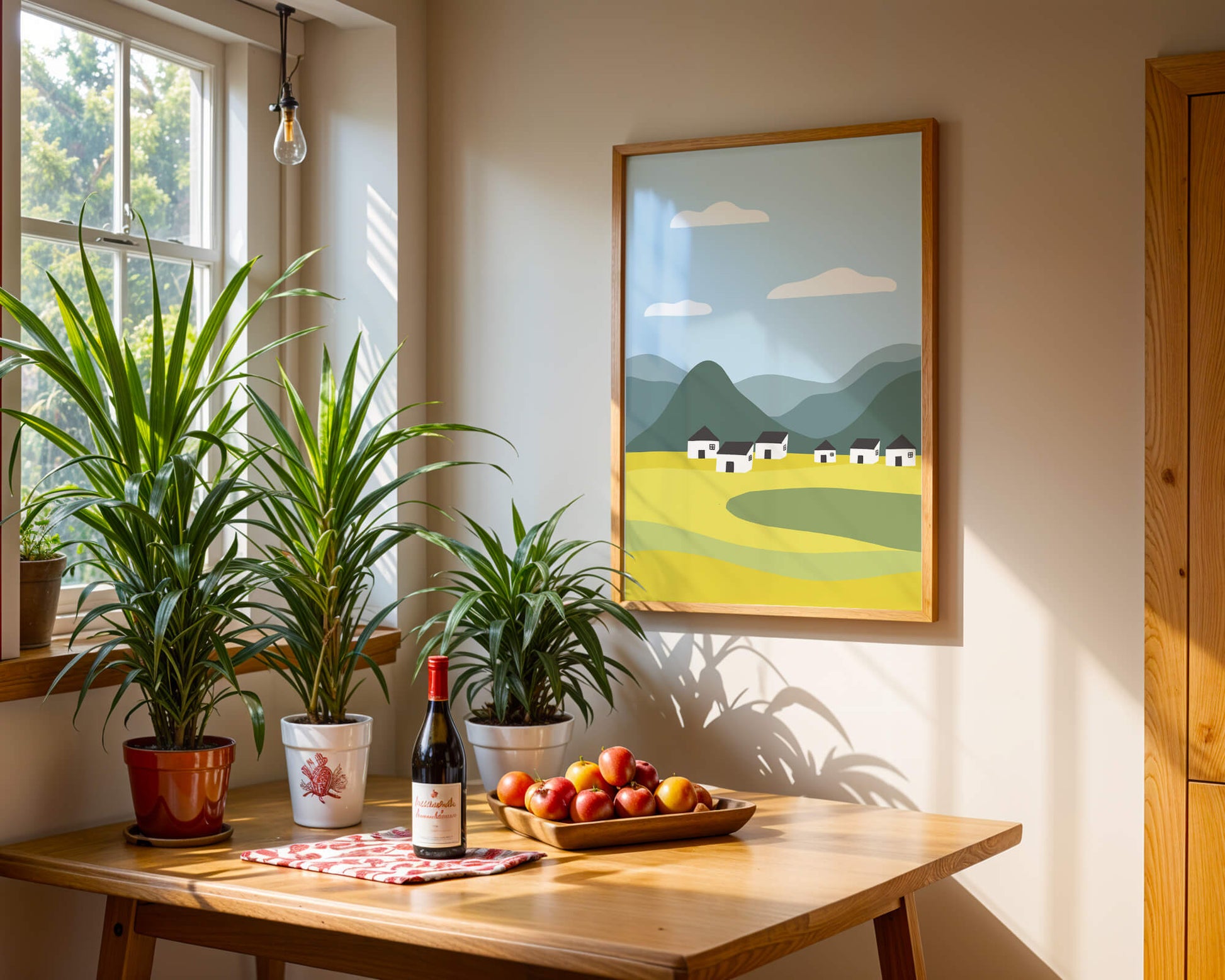 Pastoral Landscape with Mountains and Houses Under Blue Sky