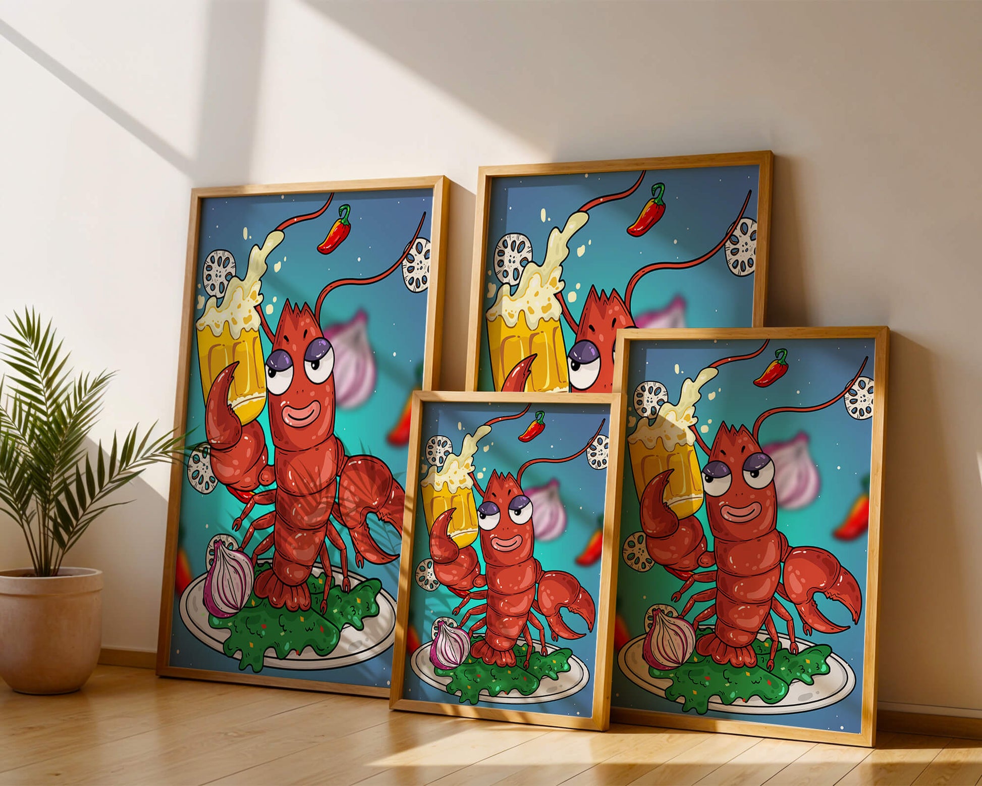 Playful cartoon lobster holding a beer in a whimsical setting