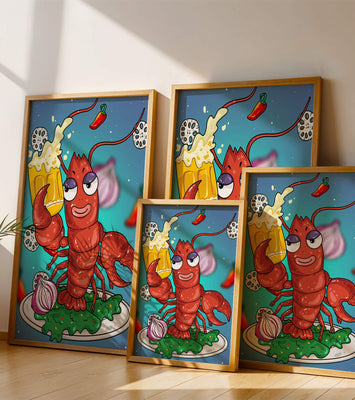 Playful cartoon lobster holding a beer in a whimsical setting