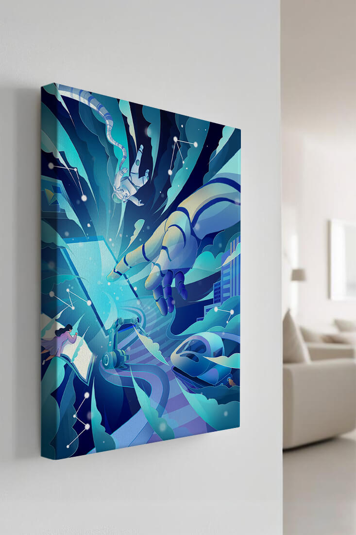 Futuristic digital artwork featuring astronaut and robotic hand in vibrant blue tones