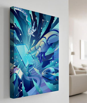 Futuristische digitale Kunst mit Astronaut und Roboterhand in lebhaften Blautönen
