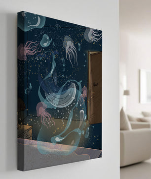 Tema de cuarto submarino con medusas y una puerta