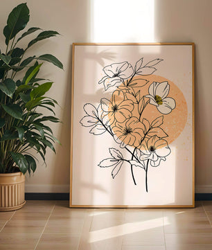 Ilustración floral minimalista con tonos pastel y fondos abstractos