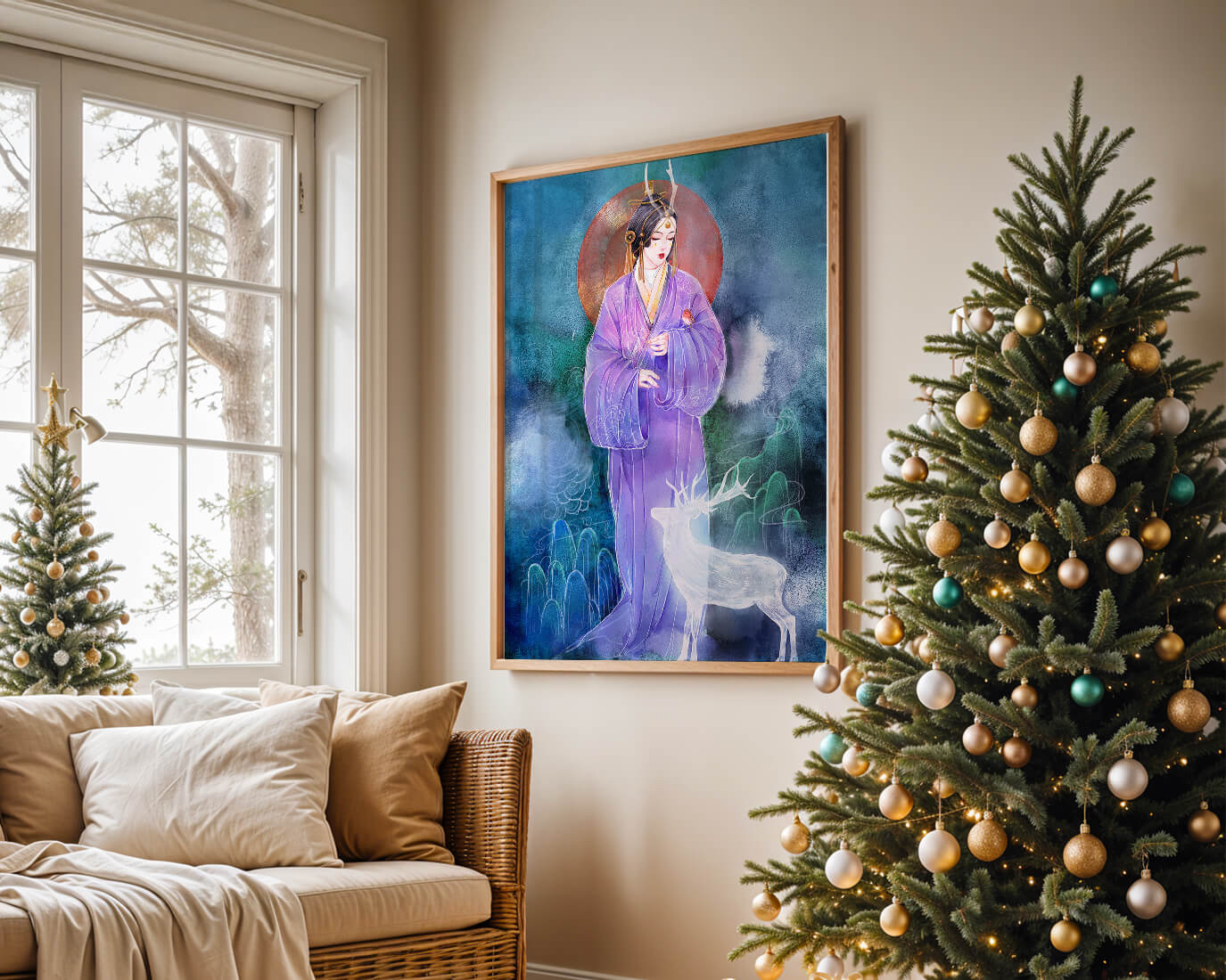Elegant woman in traditional attire with a mystical deer set against a serene backdrop
