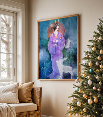 Elegant woman in traditional attire with a mystical deer set against a serene backdrop