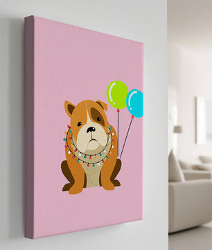 Perro de dibujos animados adorable con luces festivas y globos coloridos sobre fondo rosa