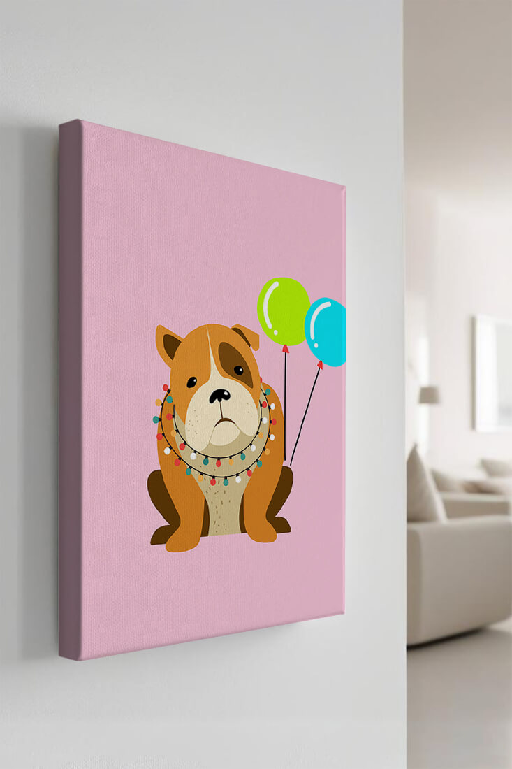 Perro de dibujos animados adorable con luces festivas y globos coloridos sobre fondo rosa
