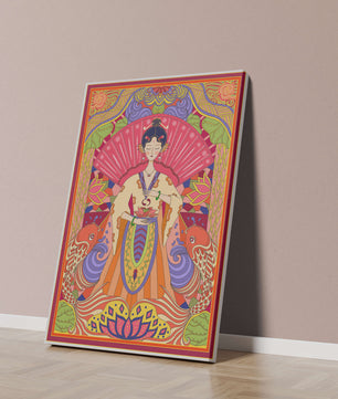 Ilustración oriental colorida con motivos de peces koi y loto