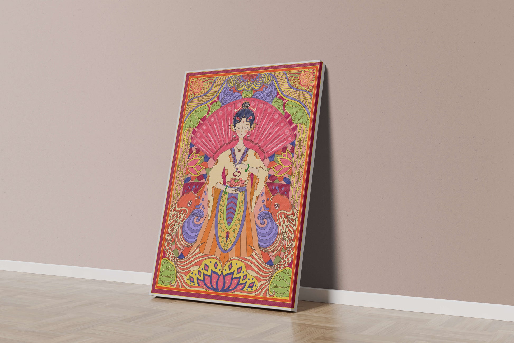 Ilustración oriental colorida con motivos de peces koi y loto