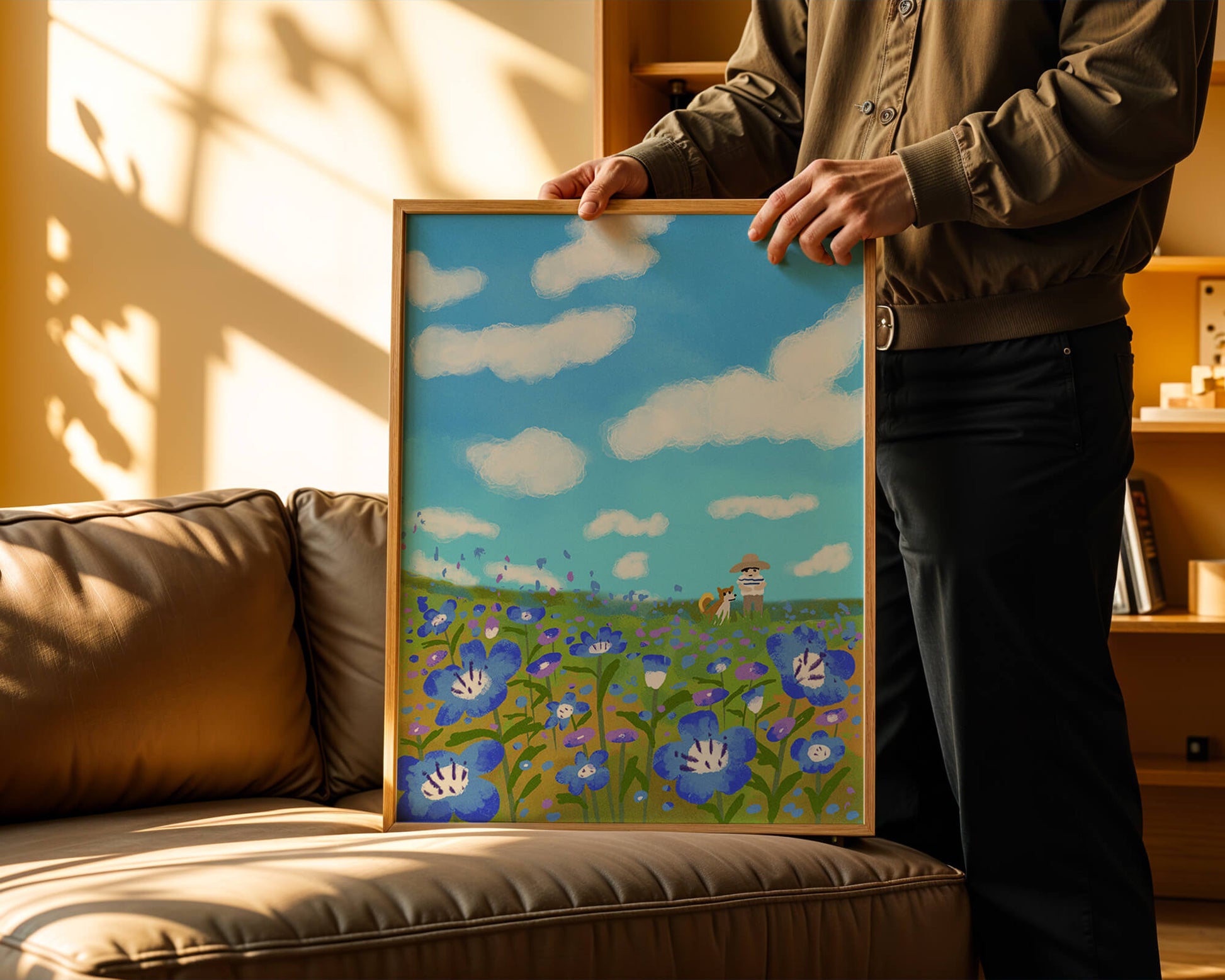Man and dog in vibrant flower meadow under blue sky