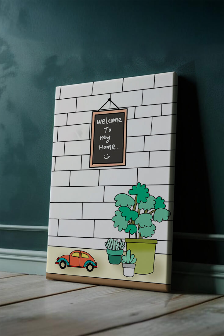 Kreidetafel-Schild mit Topfpflanzen und Spielzeugauto auf Ziegelmauer-Hintergrund