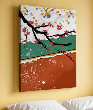Artistic depiction of blossom branches with gold elements and abstract background
