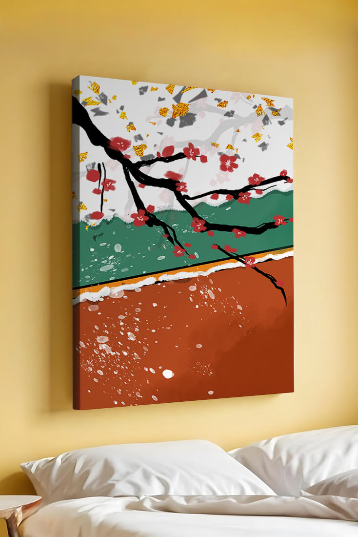 Artistic depiction of blossom branches with gold elements and abstract background