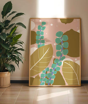 Diseño botánico abstracto con hojas verdes y doradas.