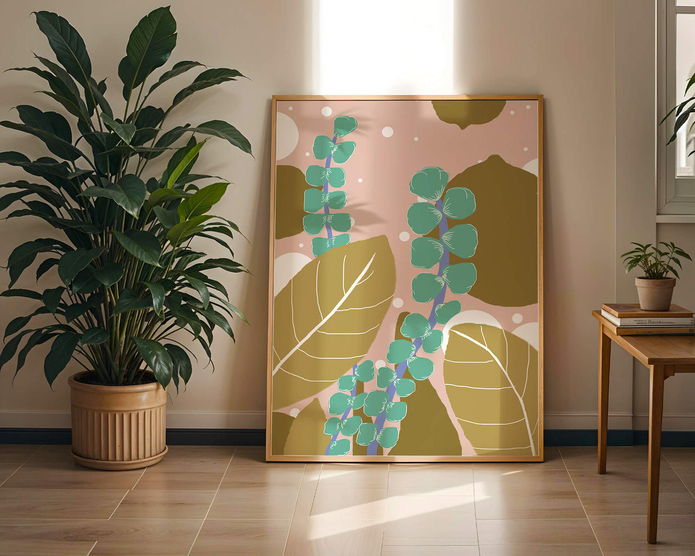 Abstract botanical design with green and golden leaves