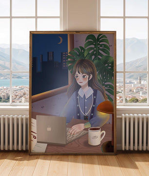 Cozy Evening Work from Home Setting with Laptop and Coffee