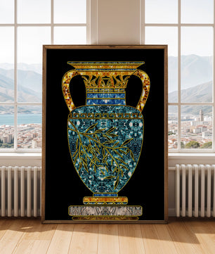 Jarrón de mosaico detallado con piedras preciosas doradas y azules sobre fondo negro