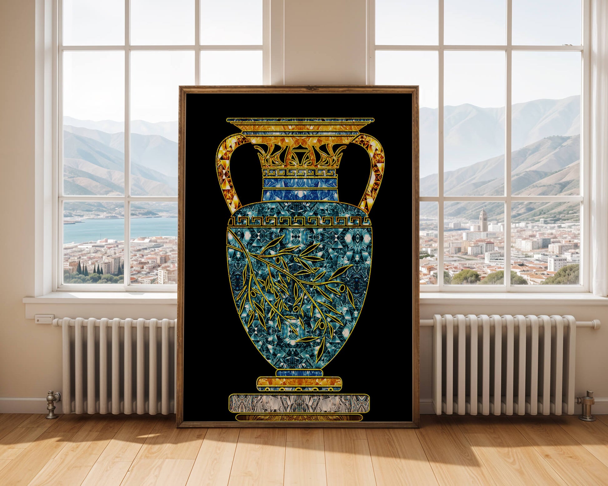 Jarrón de mosaico detallado con piedras preciosas doradas y azules sobre fondo negro