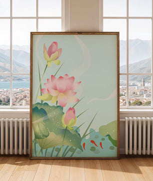 Loteo de flores de loto ilustrativas con hojas y peces koi en un estanque sereno