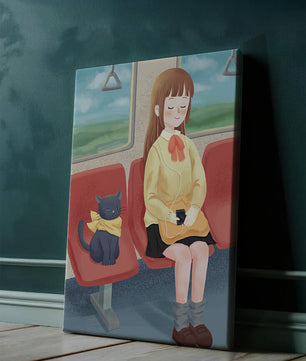 Viaje en tren tranquilo con una chica y su gato ilustrado