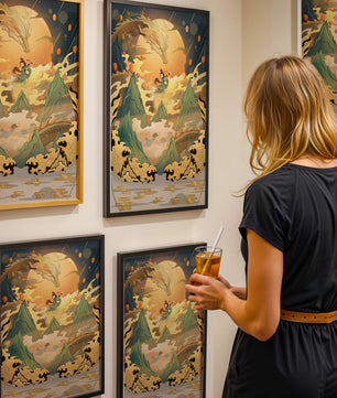 Mythical dragon and warrior painting with golden elements against a mountainous landscape