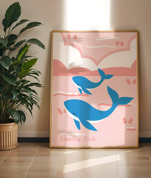 Playful whales illustration in pastel pink and blue