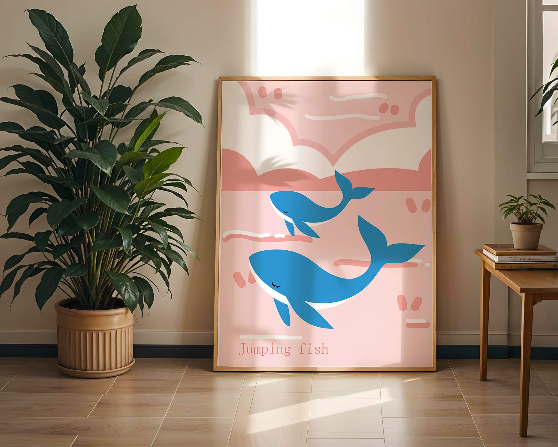 Playful whales illustration in pastel pink and blue