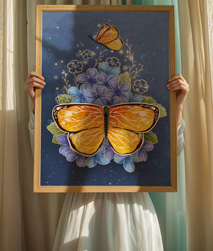 Bright butterfly with blue flowers on a starry background