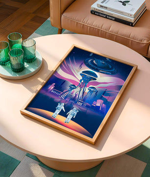 Futuristic Space City With Alien Creatures and Astronauts