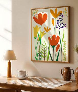 Bright Floral Illustration with Orange, Yellow, and Purple Flowers in Bold Colors