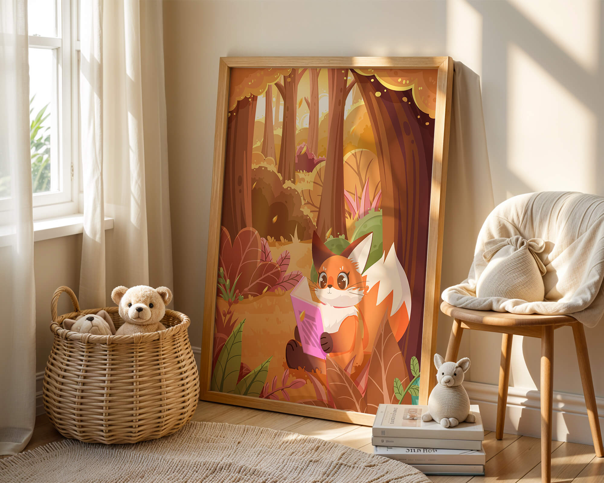 Fox reading a book in a whimsical autumn forest