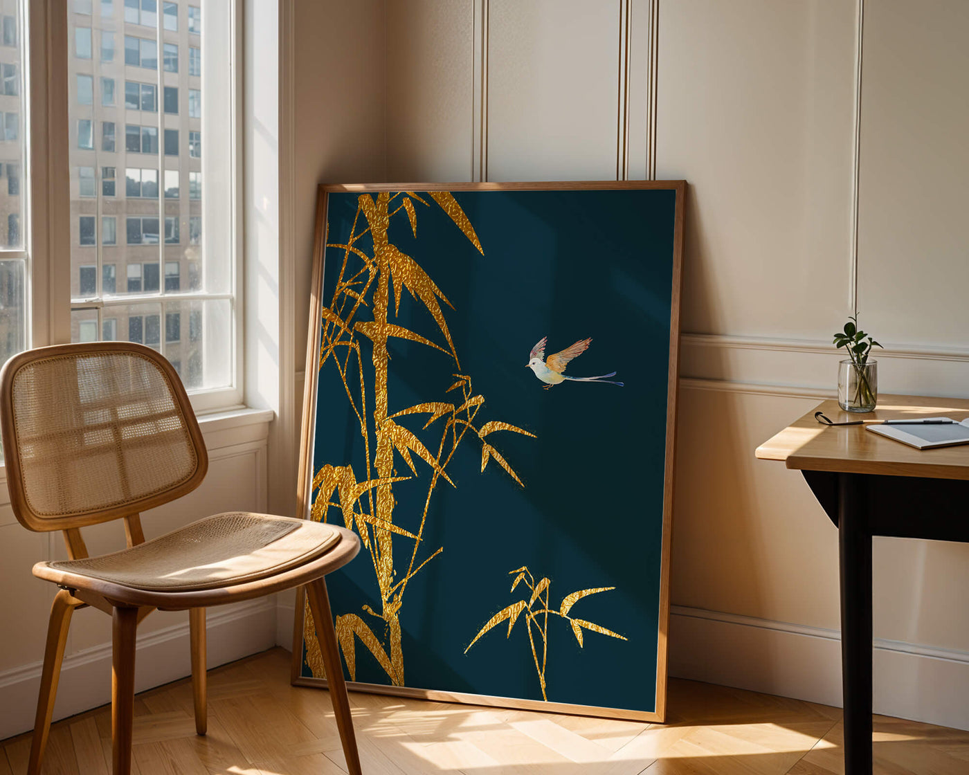 Golden bamboo and bird against a deep blue background